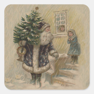Sticker Carré Père Noël Vintage Neige Arbre de Noël