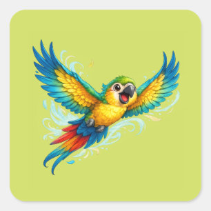 Sticker Carré Perroquet Coloré Heureux en Vol Design d'Oiseau Ka