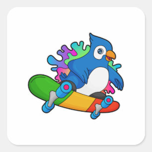 Sticker Carré Perroquet en tant que skate avec skateboard