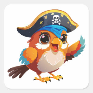 Sticker Carré Perroquet pirate de dessin animé mignon