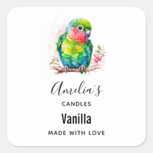 Sticker Carré Perroquet vert - Bébé mignon oiseau - Bougie d'aff