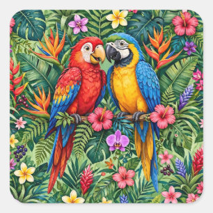Sticker Carré Perroquets de la jungle Macaws Fleurs Vibrantes Jo