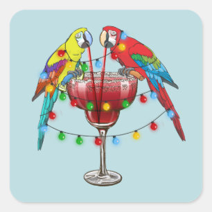 Sticker Carré Perroquets Macaw colorés Boire du vin rouge