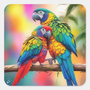 Sticker Carré Perroquets Macaw Colorés Sur Une Branche-45739