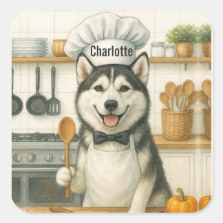 Sticker Carré Personalized Name Funny Siberian Husky Dog Chef