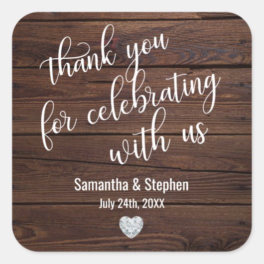 Sticker Carré Personalized Rustic Wood Heart Thank You Wedding (Devant)