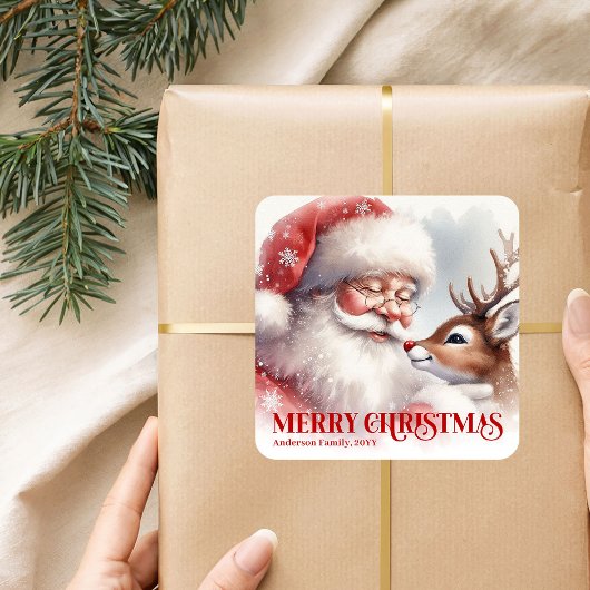 Sticker Carré Personalized Santa Rudolph Christmas Kids Gift