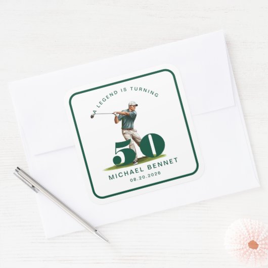 Sticker Carré Personalized Sports Golf 50th Birthday (Enveloppe)
