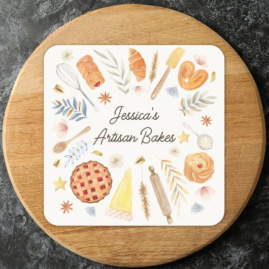 Sticker Carré Personalized Watercolor Pastry Baking Bakery