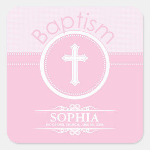 Sticker Carré Personnalisable, Enfant fille rose de Dieu Baptême