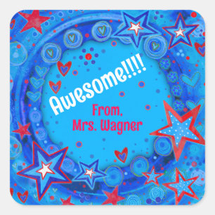 Sticker Carré Personnalisé Blue Red Stars Enseignant de motivati