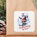 Sticker Carré Personnalisé Fun Fun Santa Claus Funky Christmas<br><div class="desc">Voici un Père Noël cool et drôle qui dahine à travers la neige sur son ciel avec des pins enneigés dans l'arrière - plan. Cette oeuvre donne une touche moderne aux éléments de vacances traditionnels.</div>