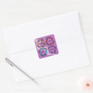 STICKER CARRÉ PERSONNALISÉ HAPPY NEW YEAR 20XX & FLEURS WREATHS
