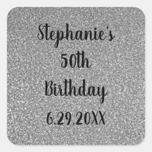 Sticker Carré Personnalisé Joyeux Anniversaire Nom Glittery Silv