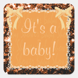 Sticker Carré Personnaliser Baby shower Unisex orange étincelles