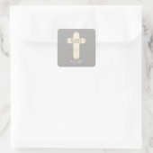 Sticker Carré Personnaliser, Dédication bébé Crème et Croix gris (Sac)