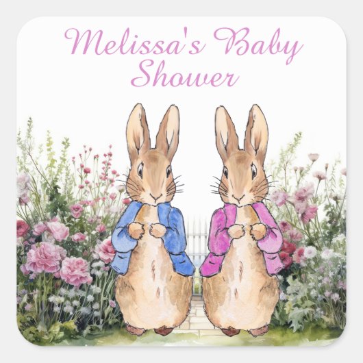 Sticker Carré Personnaliser Peter et Flopsy Baby shower ajouter  (Devant)