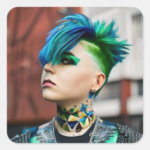 Sticker Carré Personne transgenre avec Mohawk bleu et vert