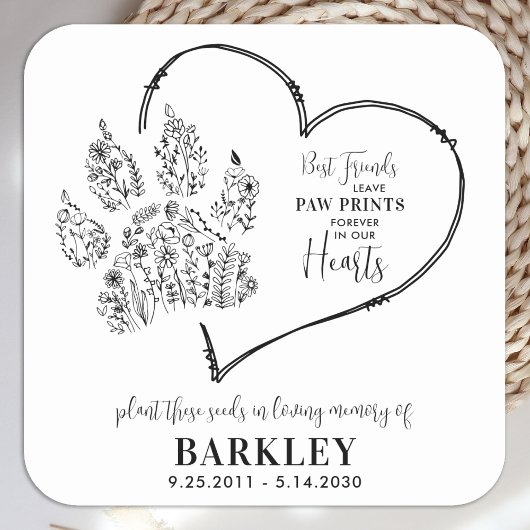 Sticker Carré Pet Memorial Seed Packet Empreintes de pattes Fleu