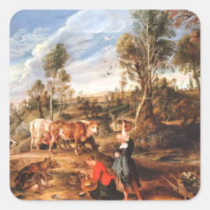 Sticker Carré Peter Paul Rubens Milkmaips avec du bétail sur une