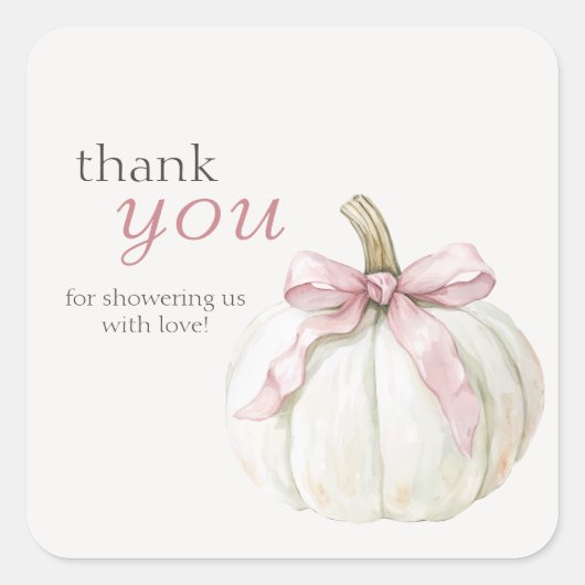 Sticker Carré Petit Baby shower blanc Citrouille rose Bow Merci (Devant)
