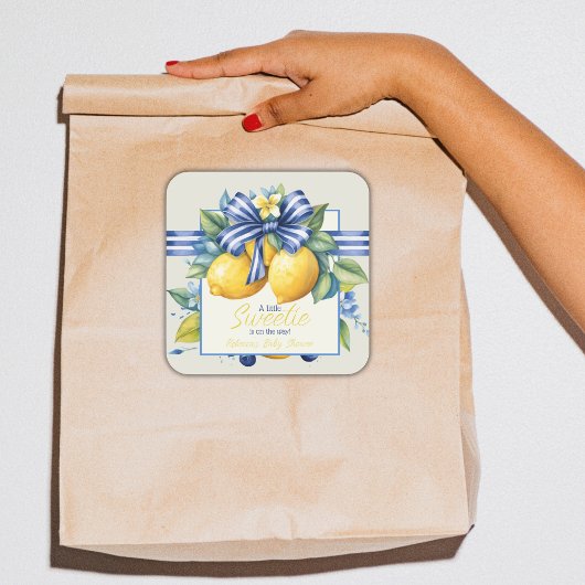 Sticker Carré Petit Baby shower citron en carreaux bleu doux