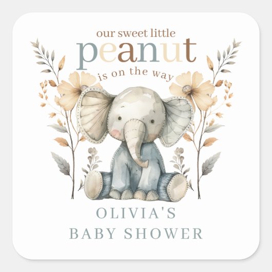 Sticker Carré Petit Baby shower éléphant Bébé bleu arachide (Devant)