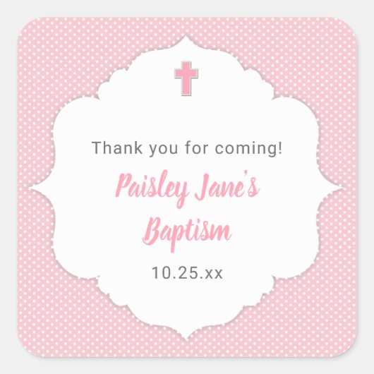 Sticker Carré Petit Baptême faveur autocollant, point rose (Devant)