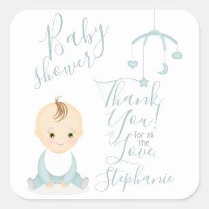 Sticker Carré Petit bébé garçon et son Baby shower mobile
