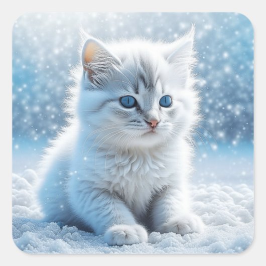 Sticker Carré Petit chaton blanc dans Noël de neige (Devant)