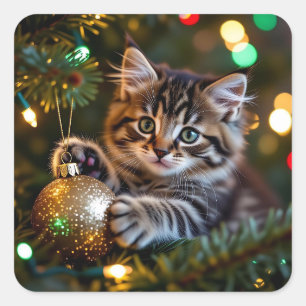 Sticker Carré Petit chaton sur l'arbre de Noël  