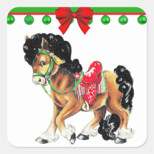 Sticker Carré Petit Cheval De Noël Occidental Pony Avec Selle