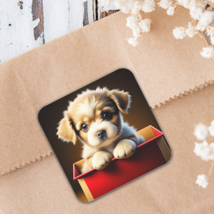 Sticker Carré Petit Chien chiot de Noël dans une boîte cadeau