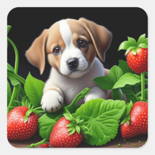 Sticker Carré Petit Chien coquelicot dans un bouquet de fraises