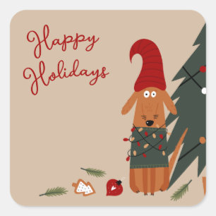 Sticker Carré Petit chien et arbre de Noël