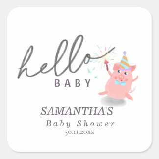 Sticker Carré petit cochon Calligraphie Baby Shower Bonjour bébé