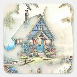 Sticker Carré Petit Cottage Dans Les Bois - Enchantant Escape