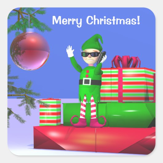 Sticker Carré Petit Elfe de Noël debout sur les cadeaux (Devant)