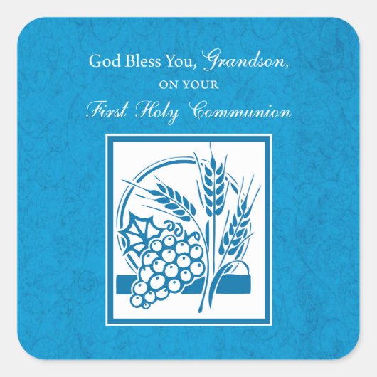 Sticker Carré Petit-fils Première communion Bleu, Blé, Raisins (Devant)