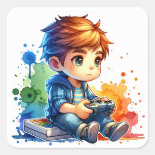 Sticker Carré Petit Garçon Jouant aux jeux vidéo
