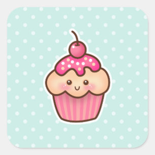 Sticker Carré Petit gâteau rose de Kawaii et pois bleu en bon