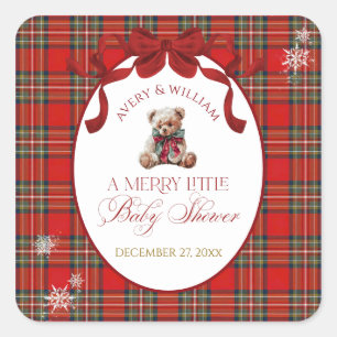 Sticker Carré Petit Nœud Rouge Joyeux Plaid de Noël 