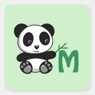 Sticker Carré Petit panda mignon avec Monogramme à bâtonnet de b