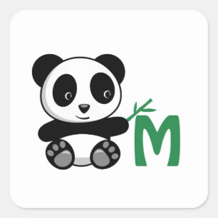 Sticker Carré Petit panda mignon avec Monogramme à bâtonnet de b