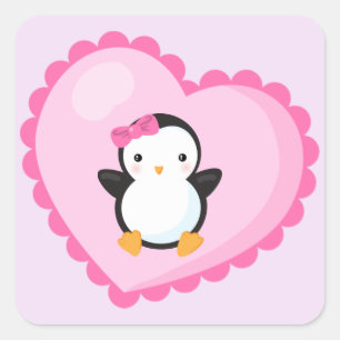 Sticker Carré Petit pingouin dans un grand coeur rose clair