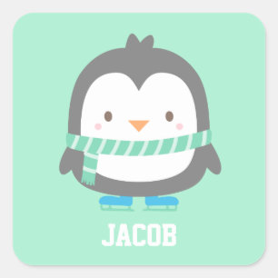 Sticker Carré Petit Pingouin mignon avec Écharpe d'hiver pour le