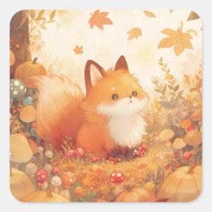 Sticker Carré Petit Renard Rouge dans la Forêt d'Automne avec de
