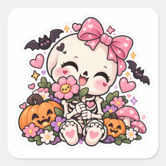 Sticker Carré Petit squelette mignon Fleur rose Halloween
