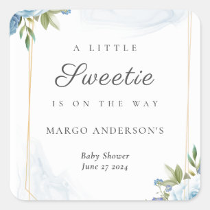 Sticker Carré Petit Sweetie Elegant Baby shower Bleu Botanique