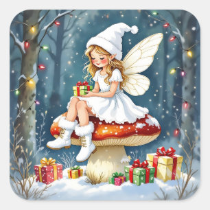 Sticker Carré Petite Fée de Noël Adorable sur Champignon
